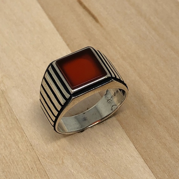 925 Silver Red Agate Mens Ring - Picture 1 of 4